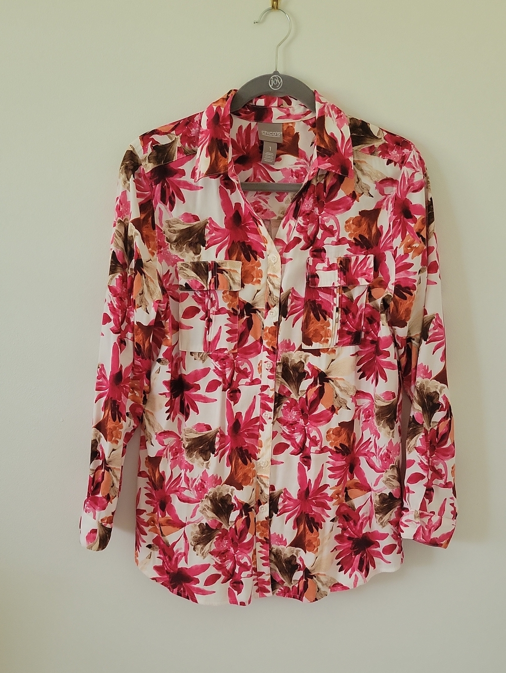 Chico's Size 1 Pink Multi Floral Button-Down Shirt, Cool Coastal Grandma